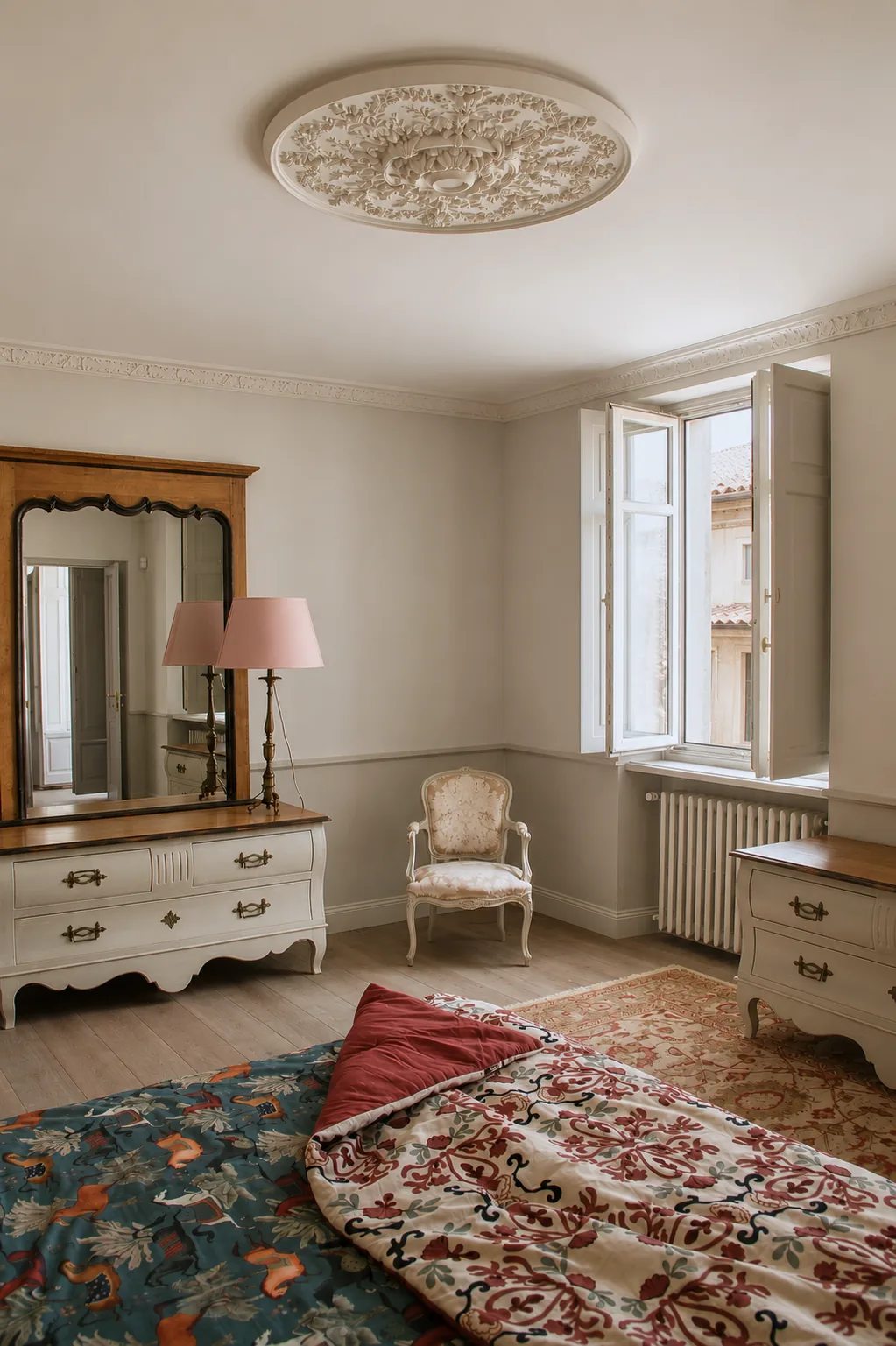 Detail of fabrics, armchair and patterned rug