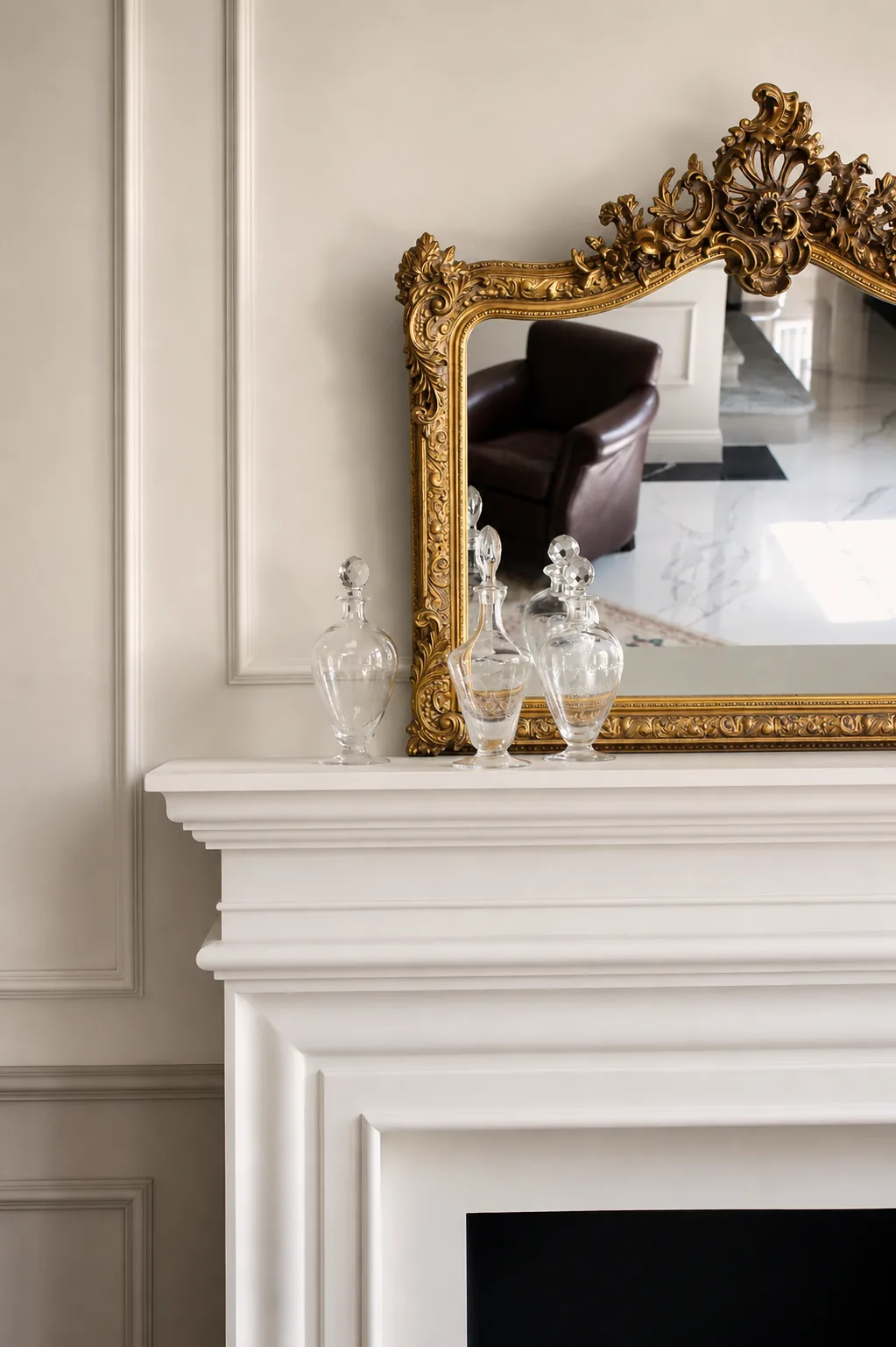 Gilt mirror and crystal details above the fireplace