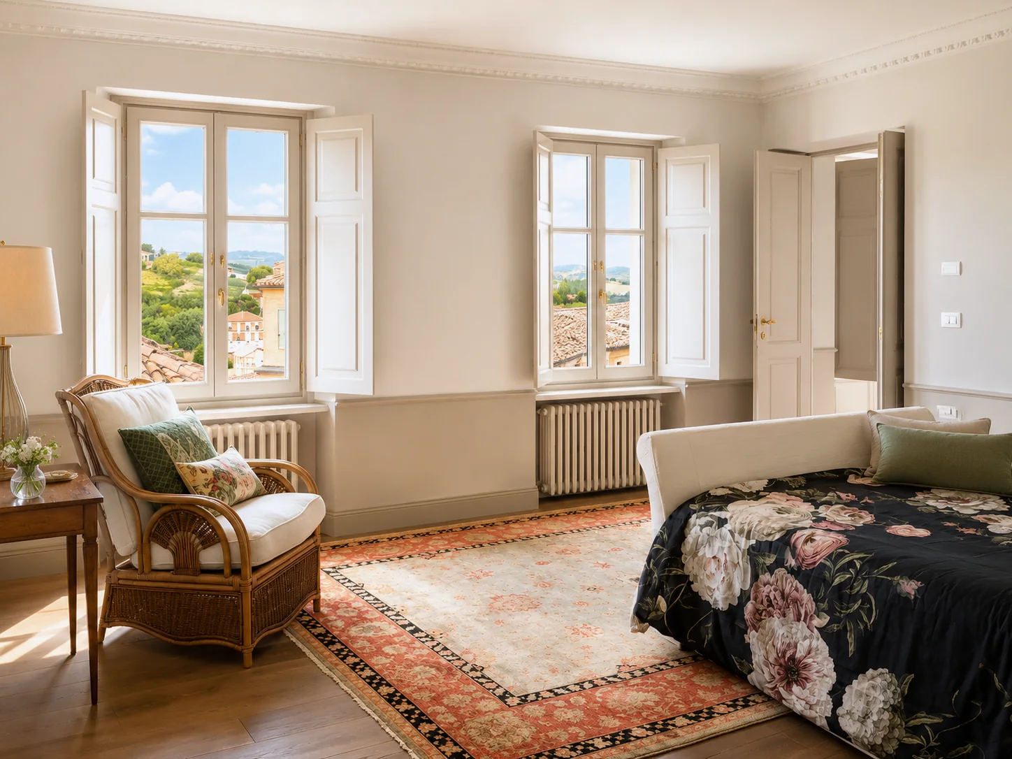 Bright bedroom with two windows and a floral bed
