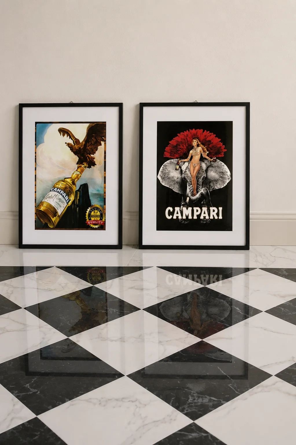 Vintage Italian posters above a chequerboard floor