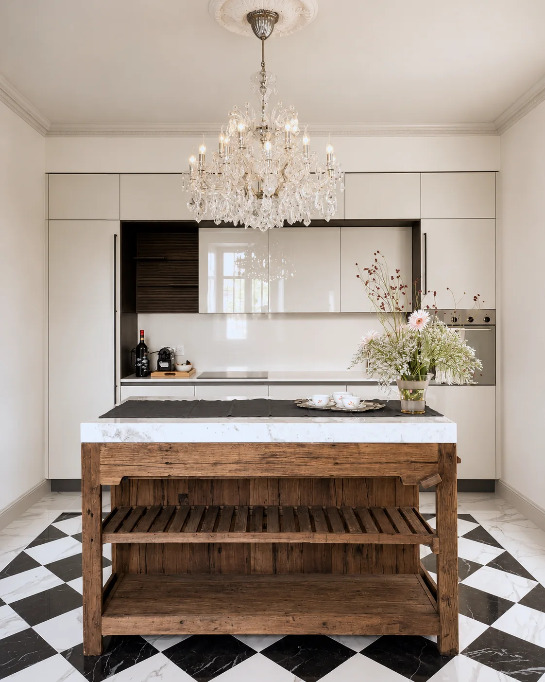 Contemporary kitchen with timber island and crystal chandelier