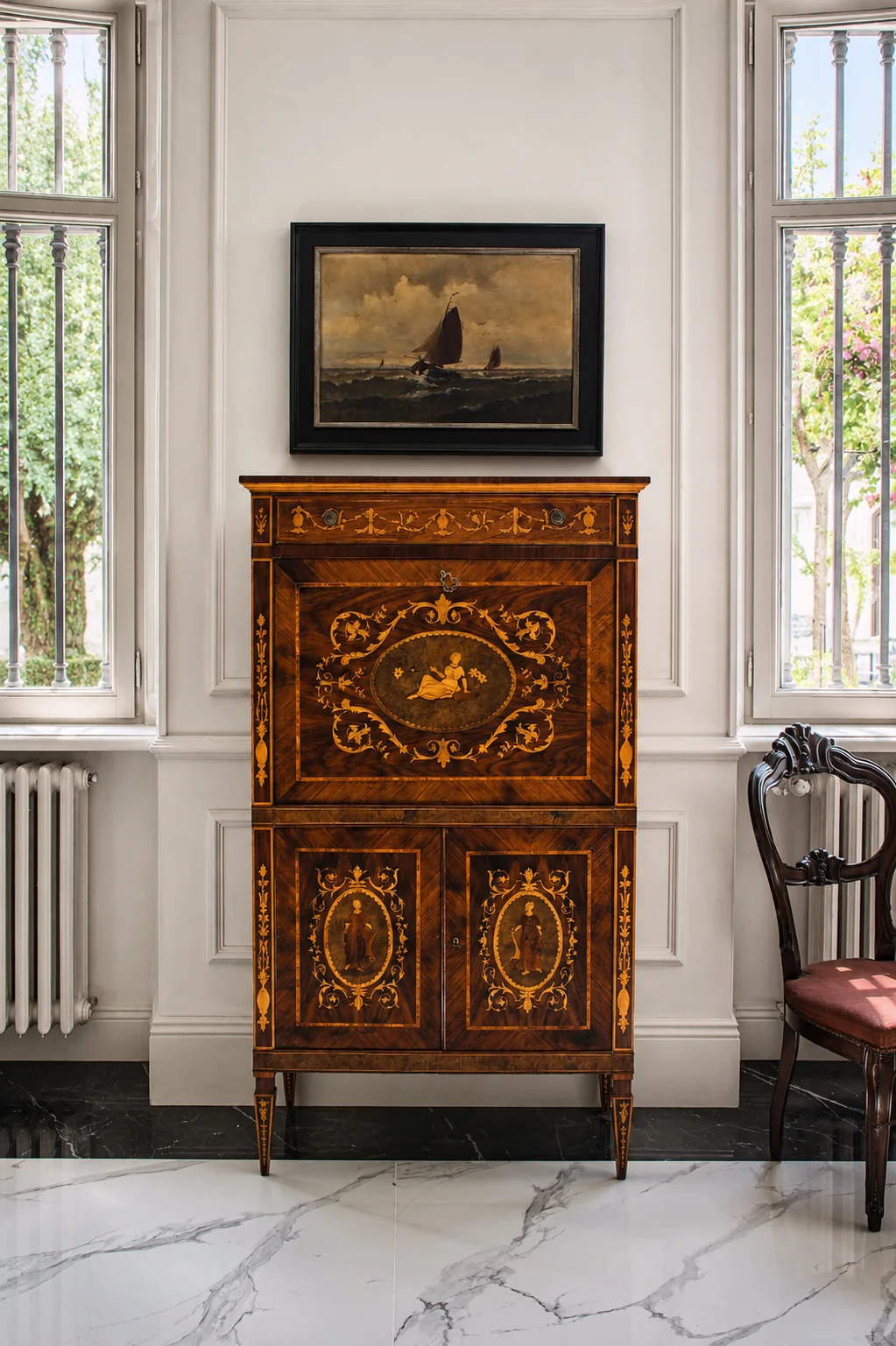 Inlaid antique cabinet between two windows
