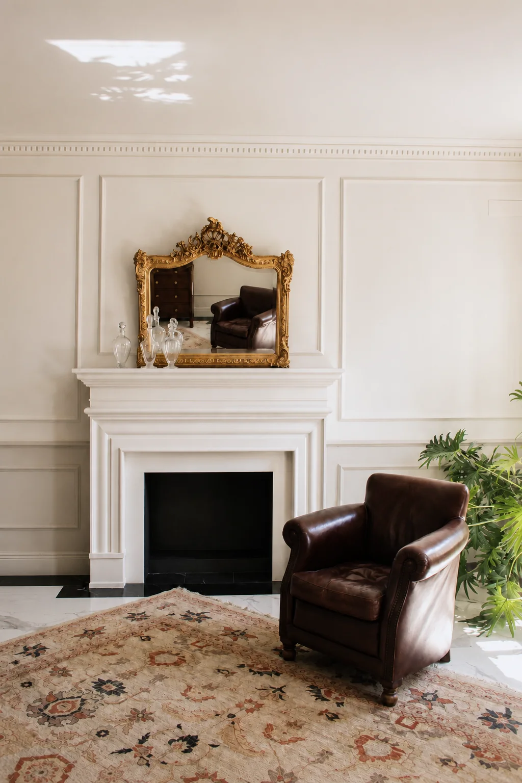White fireplace with gilt mirror and leather armchair