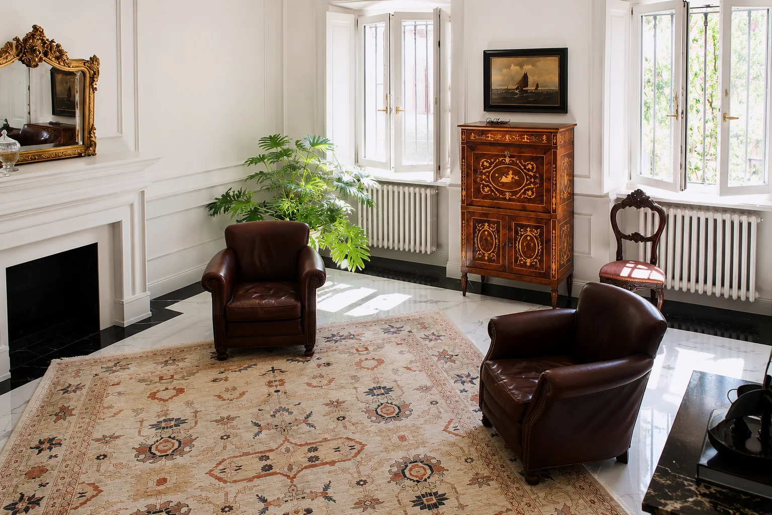 Sitting room with fireplace, antique cabinet and leather armchairs