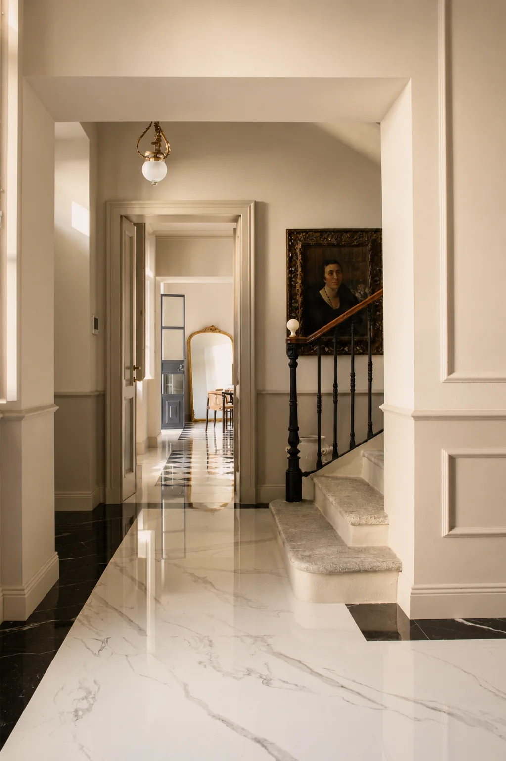 Upper hallway and stone staircase