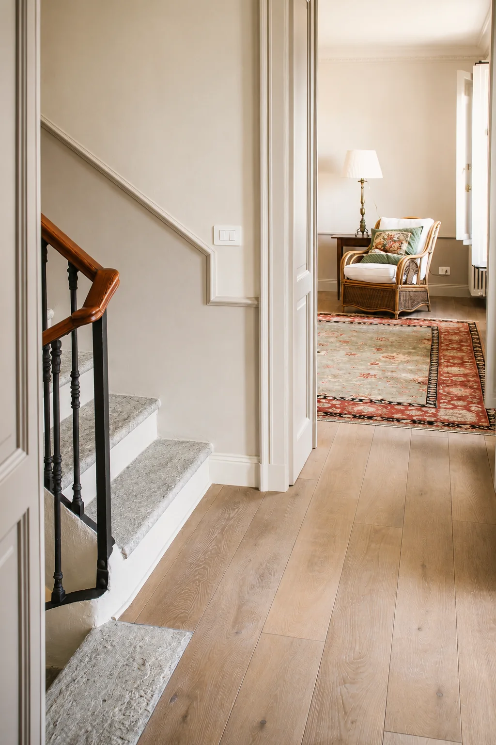 Staircase opening into a bright, furnished room